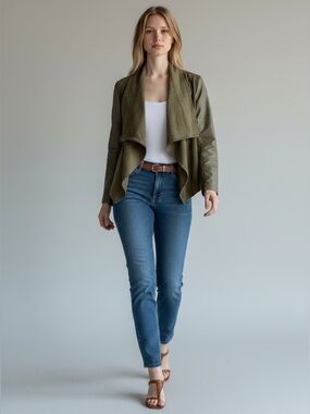 Dex Olive Green Open Front Draped Waterfall Moto Jacket Faux Leather/Suede XS